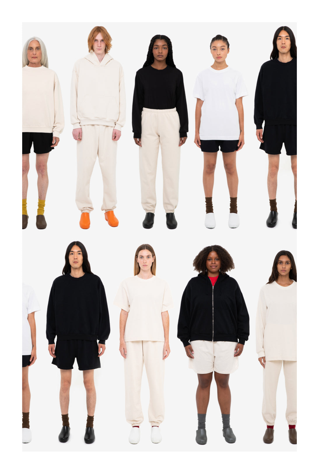 9 models against white background, looking straight ahead and wearing variations of White, Scour, and Black E.W styles.