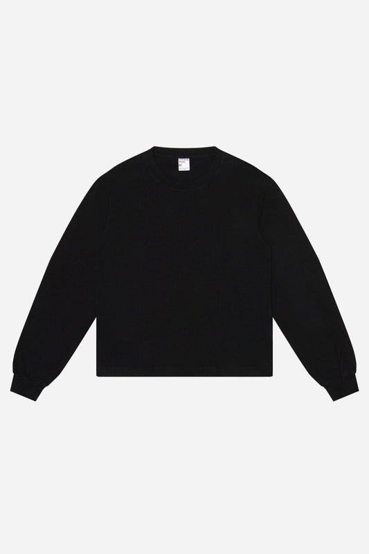 Flat lay of Black Long Sleeve Boxier Trash Tee showing the cropped boxy silhouette.