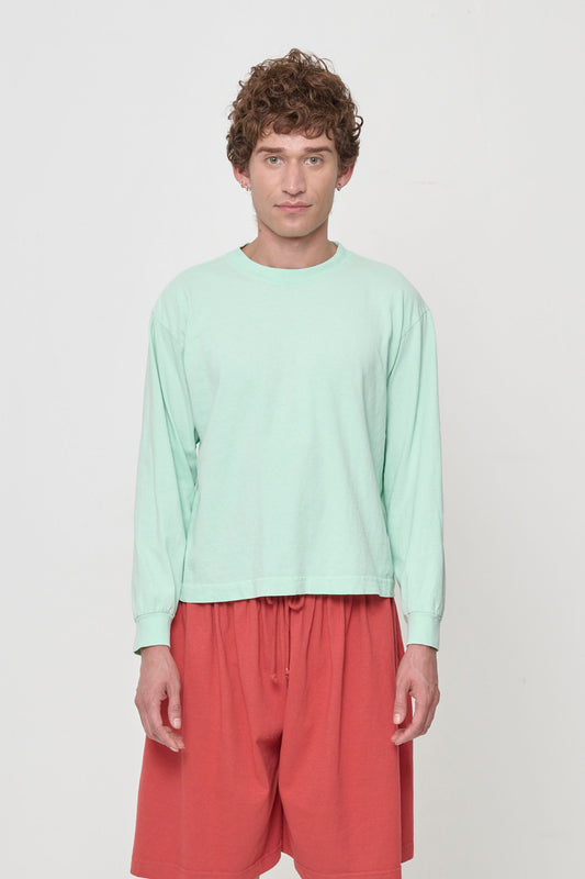Long Sleeve Boxier Trash Tee in Sea Glass on model