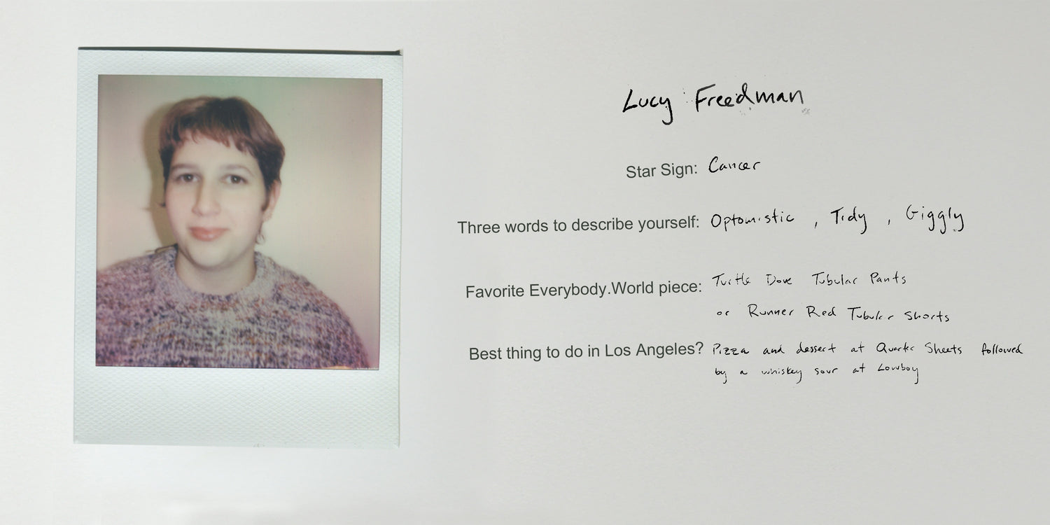 Lucy is a Cancer. Optimistic, tidy, giggly. Favorite E.W pieces are the Turtle Dove Tubular Pants or Runner Red Tubular Shorts