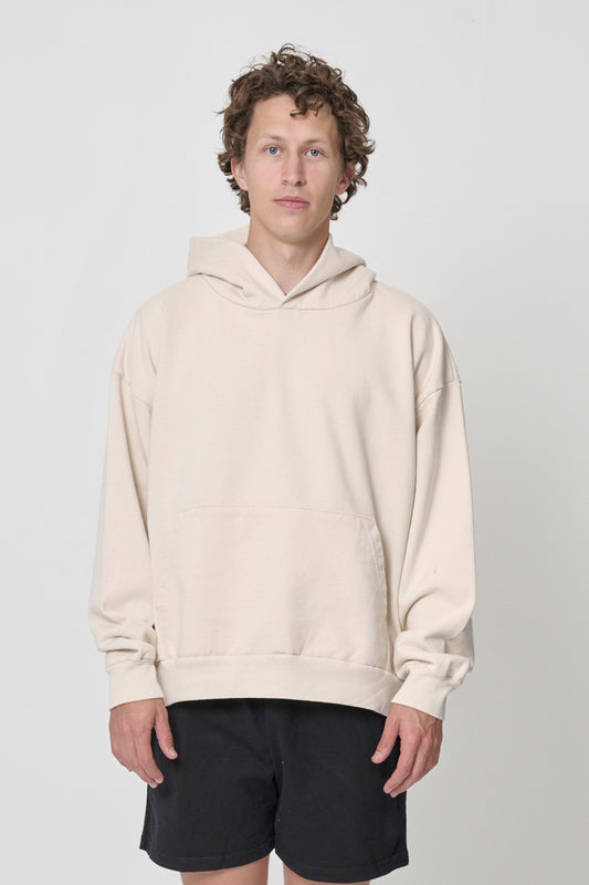 Front view: 6' man wearing Scour Trash Hoodie in size L. Hem hits his lower hip.
