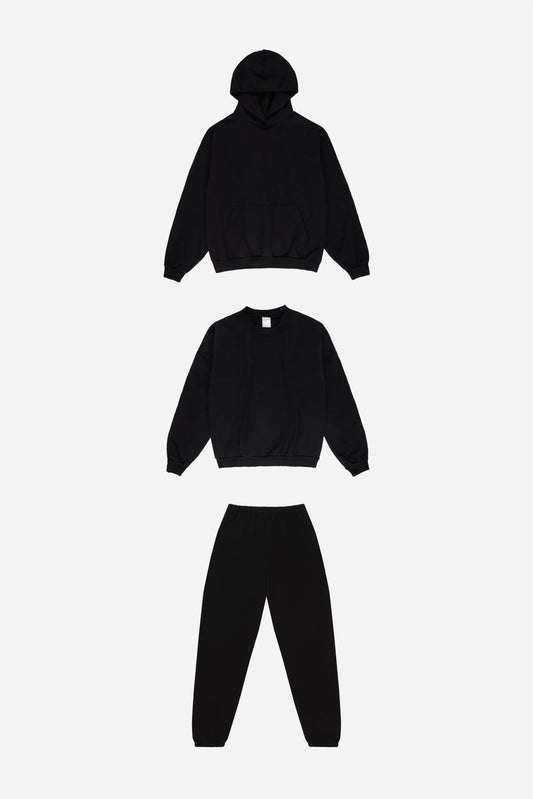 From top to bottom, flat lays of Trash Hoodie, Trash Crewneck and Trash Sweatpants; all Black.