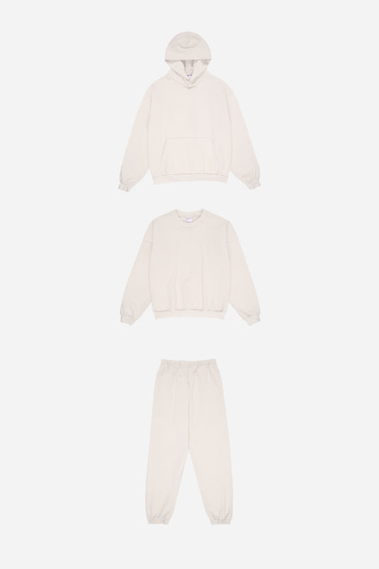 From top to bottom, flat lays of Trash Hoodie, Trash Crewneck and Trash Sweatpants; all Scour.