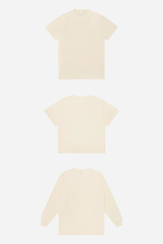 From top to bottom, flat lays of Short Sleeve Trash Tee, Boxier Trash Tee and Long Sleeve Trash Tee; all Scour.
