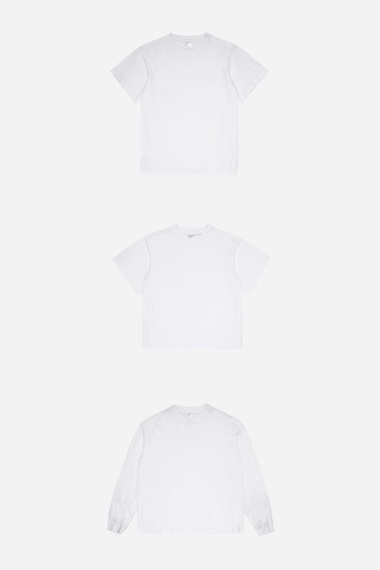From top to bottom, flat lays of Short Sleeve Trash Tee, Boxier Trash Tee and Long Sleeve Trash Tee; all White.