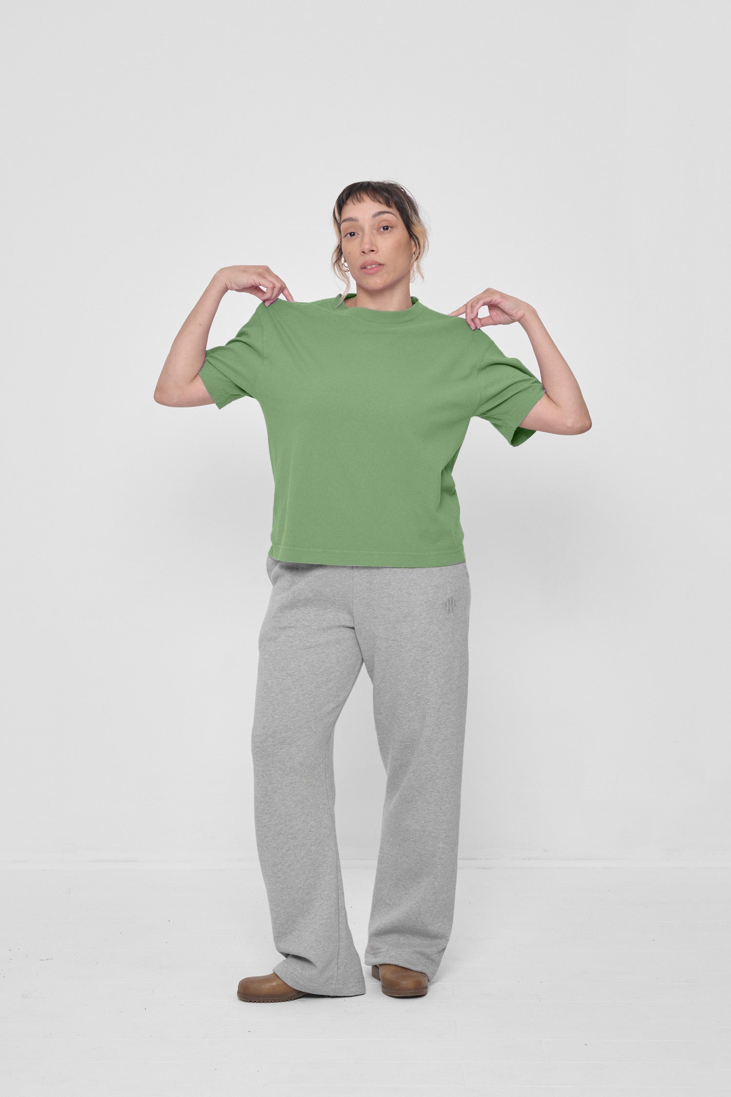 Styled with Heather Sweatpants and Plasticana Clogs.