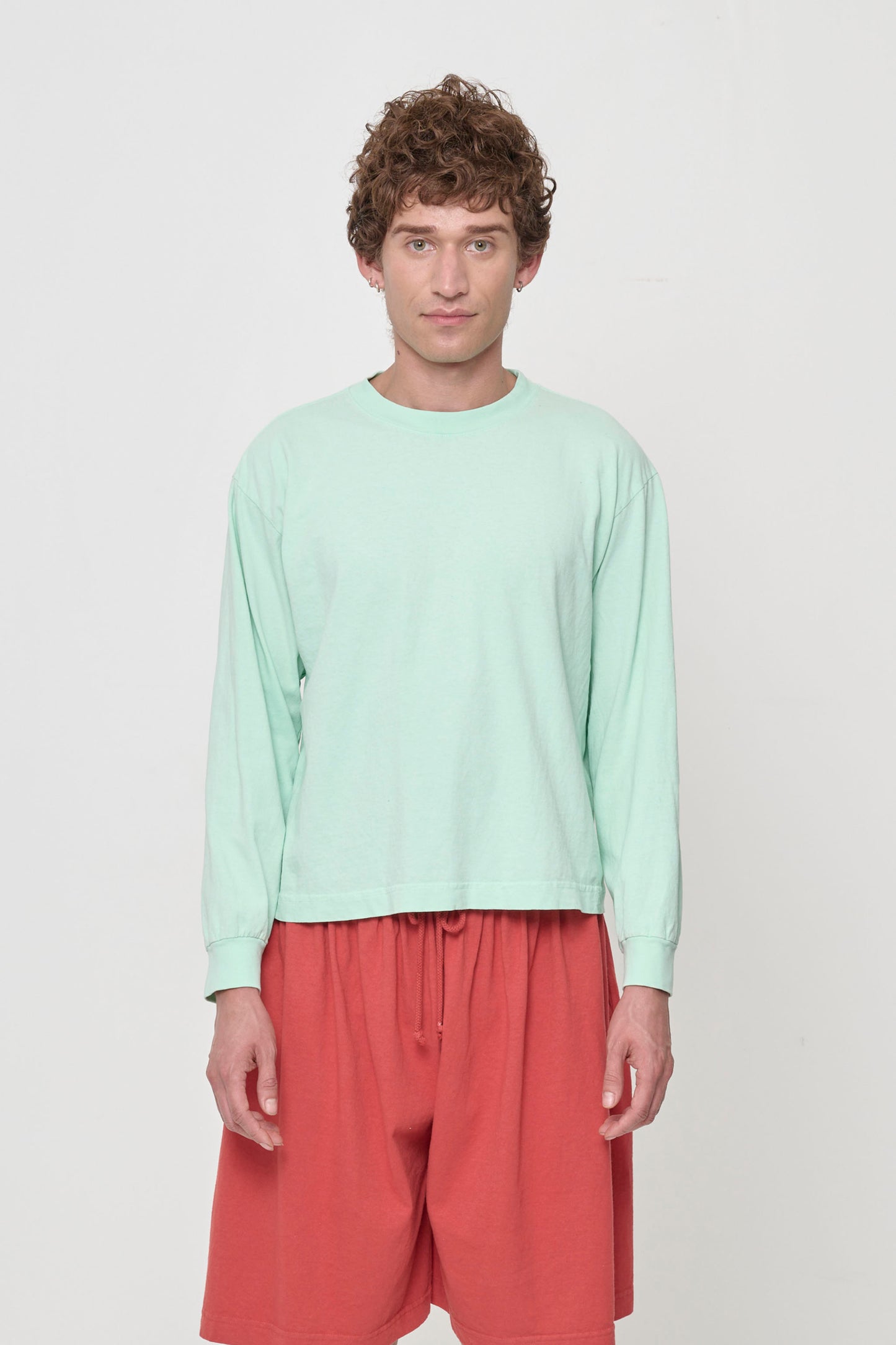 Long Sleeve Boxier Trash Tee in Sea Glass on model