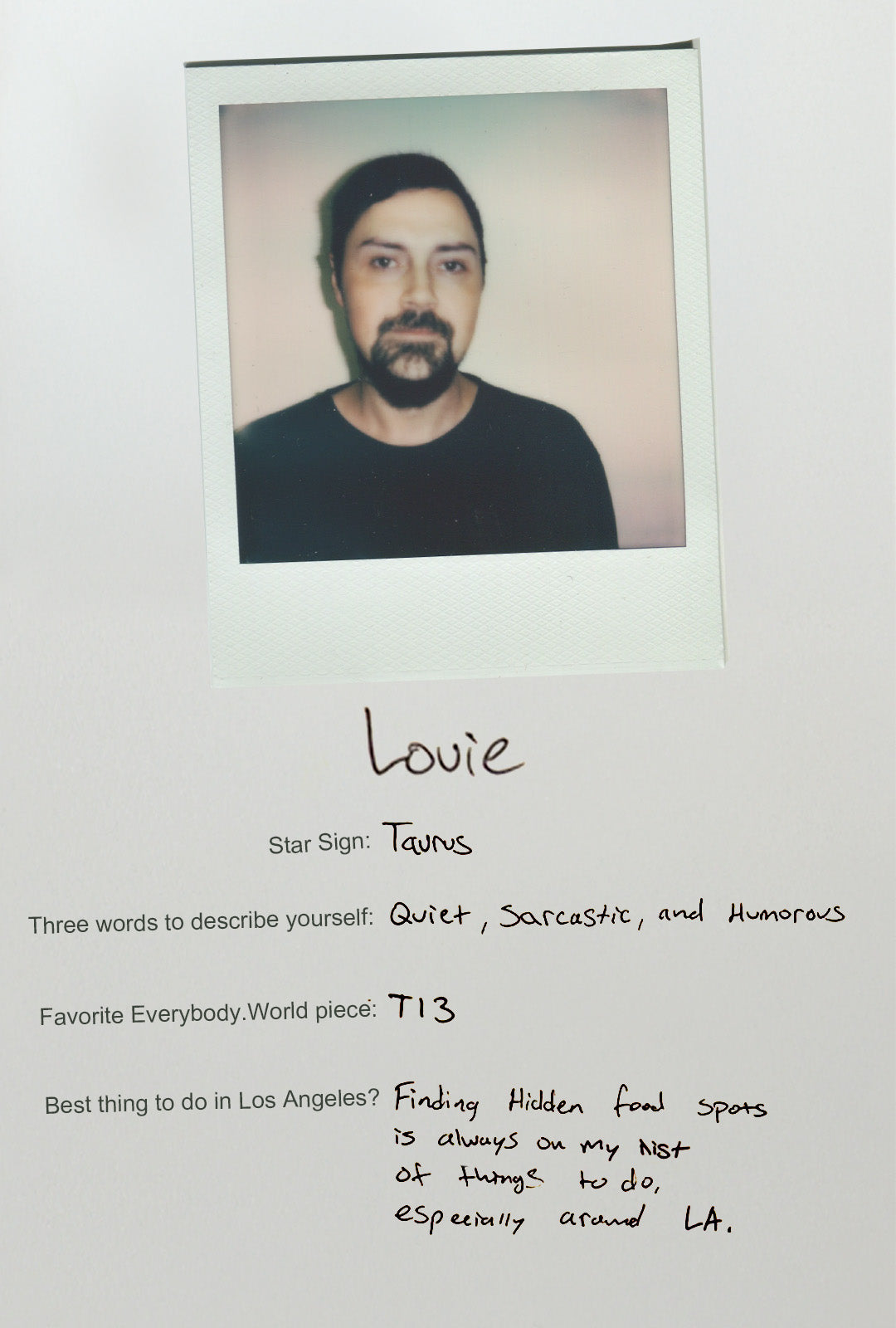 Louie is a Taurus. Quiet, sarcastic, humorous. Favorite E.W piece is the T13.