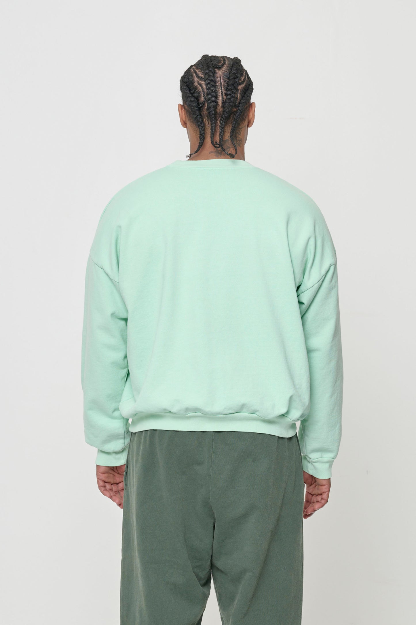 Trash Crewneck in Sea Glass on model