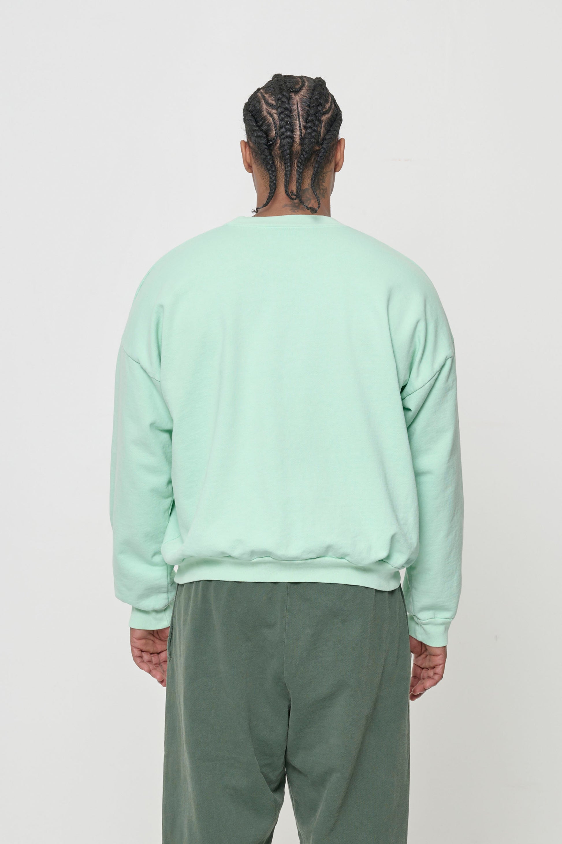 Trash Crewneck in Sea Glass on model