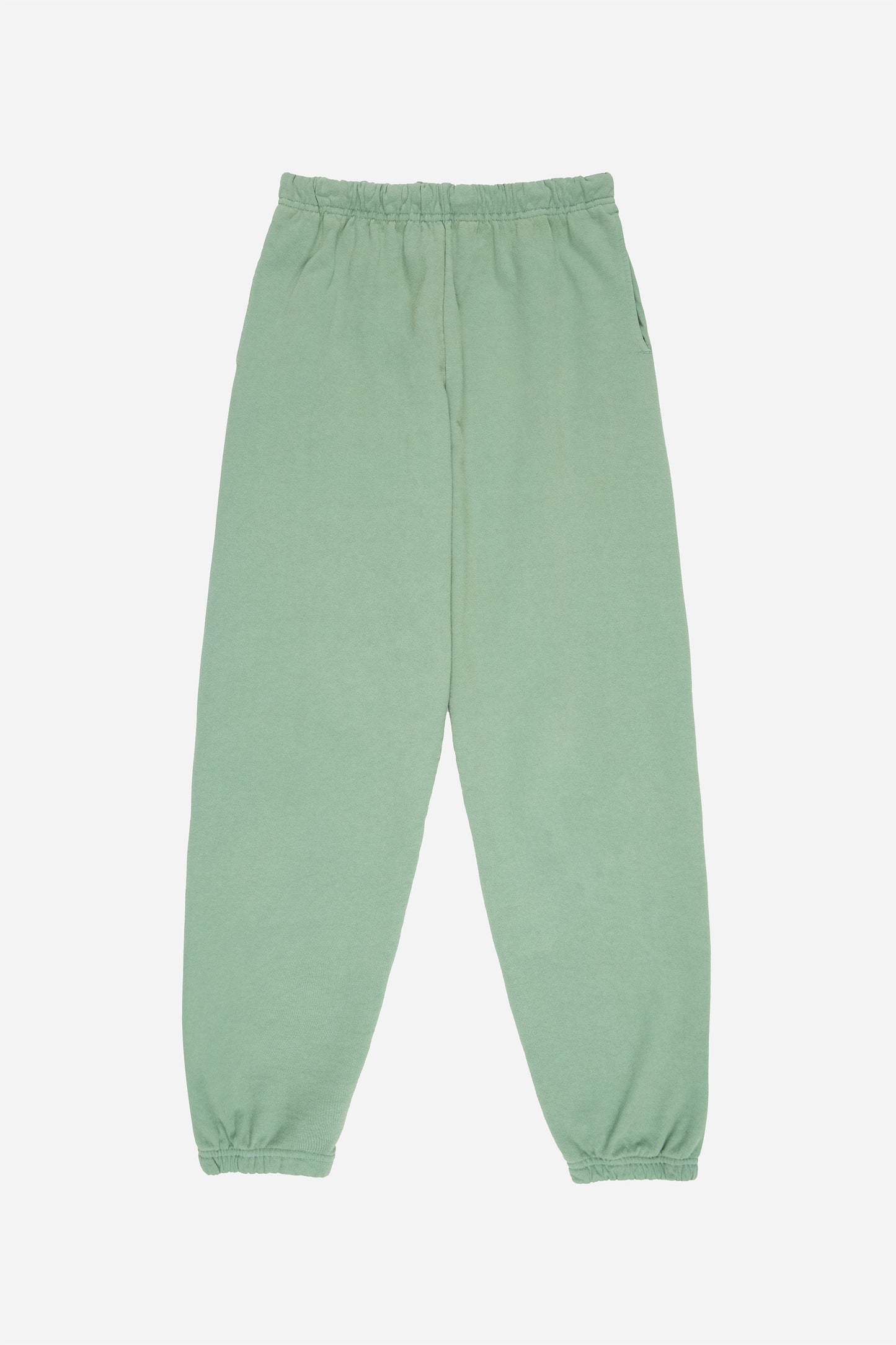 Flat lay shows straight leg with gathers at the elastic cuffs and waistband.