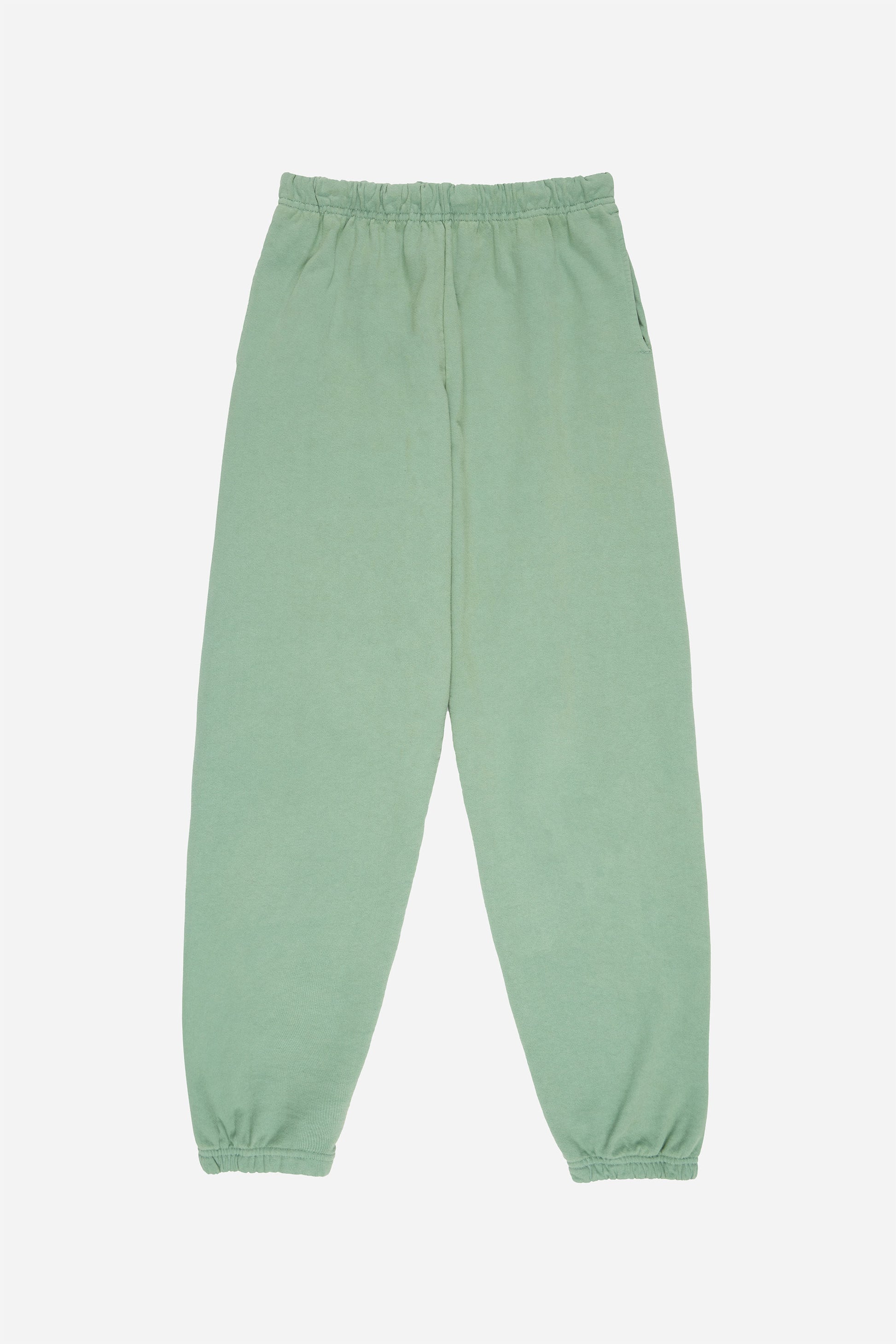 Flat lay shows straight leg with gathers at the elastic cuffs and waistband.