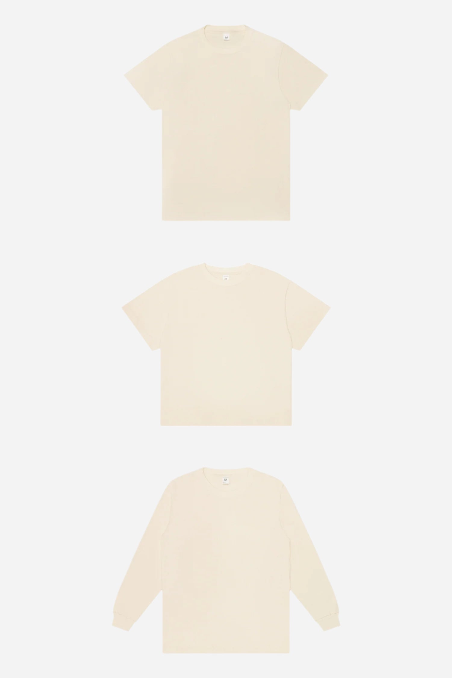 From top to bottom, flat lays of Short Sleeve Trash Tee, Boxier Trash Tee and Long Sleeve Trash Tee; all Scour.