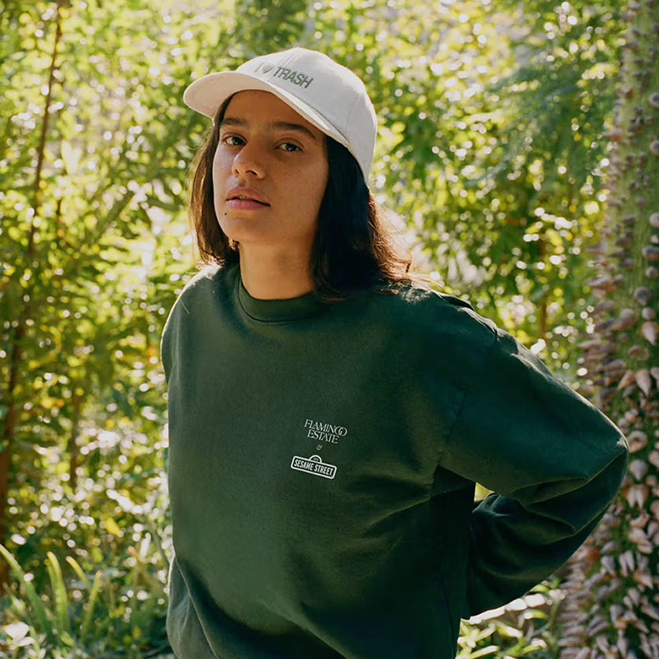 Person wearing a custom green Trash Crewneck with the logos for Flamingo Estate and Sesame Street.